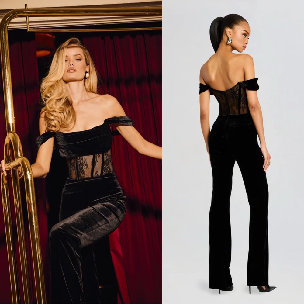Retrofête Leni Velvet Velour Lace Corset Bodice Jumpsuit Blac